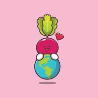 cute radish cartoon character hugging earth vector