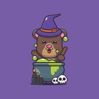 lindo oso bruja haciendo poción en el día de halloween vector