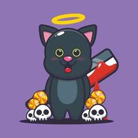 Good or bad cat holding bloody machete in halloween day vector