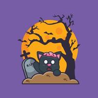 lindo gato zombie sube del cementerio en el día de halloween vector