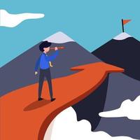 Business flat drawing businessman standing on arrow looking with telescope growth and to achieve higher. Cartoon, illustration of sky with cloud and mountain. Business concept metaphor graphic vector