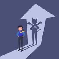 Business concept design businessman standing with demon shadow wall behind him. Bad business manager. Young worker with his own evil shadow. Business metaphor. Vector illustration flat cartoon style