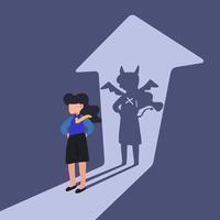 Business concept flat isolated of businesswoman standing with demon shadow wall behind her. Bad business manager. Worker with her own evil shadow. Business metaphor. Graphic design vector illustration