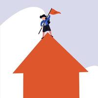 Business concept flat style isolated businesswoman planted flag on top of up arrows symbol. Female manager occupied top of arrow, which symbolizes business growth. Graphic design vector illustration