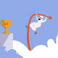 Business concept flat Arab businessman jumping using pole vault to reach trophy. Business competition, career challenge and goal achievement. Male manager reach aim. Graphic design vector illustration