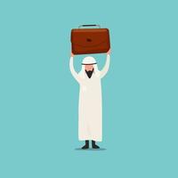 Business concept flat Arabian businessman lifting up briefcase. Male manager raising up suitcase. Concept of winning, happy, reaching goal, rejoices, and achieved success. Design vector illustration