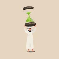Business concept design Arab businessman lifting weights in form giant hourglass. Male manager hold sandglass over his head. Business time management. Success victory. Vector illustration flat cartoon
