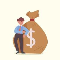 Business flat drawing happy businessman in suit standing near big heavy bag with dollar sign. Male manager leaning on money sack. Success, career, and achievement concept. Cartoon vector illustration
