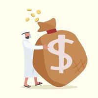 Business flat drawing happy Arabic businessman hugs sack of money. Financial success. Male manager standing and hugging huge cash bag. Business angel creative idea. Cartoon graphic vector illustration