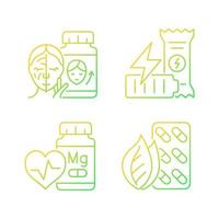 Food supplements gradient linear vector icons set. Pills for skin beauty. Workout energy bar. Healthy snacks. Thin line contour symbols bundle. Isolated outline illustrations collection