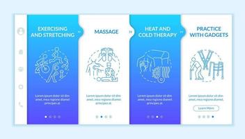 Physical rehabilitation onboarding vector template. Responsive mobile website with icons. Web page walkthrough 4 step screens. Physiotherapy color concept with linear illustrations