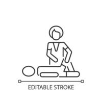 Sport massage linear icon. Help with injury recovery. Enhancing athletic performance. Thin line customizable illustration. Contour symbol. Vector isolated outline drawing. Editable stroke