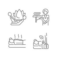 Beauty procedures linear icons set. Stretching techniques. Massage practitioner. Applying heated stones. Customizable thin line contour symbols. Isolated vector outline illustrations. Editable stroke