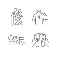 Massage therapy techniques linear icons set. Pressing on trigger points. Treating newborn colic. Customizable thin line contour symbols. Isolated vector outline illustrations. Editable stroke