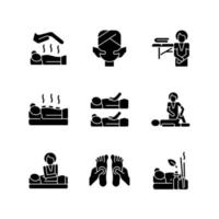 Spa treatments black glyph icons set on white space. Reiki session. Face massage. Hot stone therapy. Sports recovery. Aromatherapy. Manipulate muscles. Silhouette symbols. Vector isolated illustration
