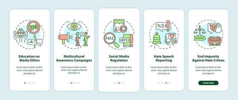 Hate speech countering onboarding mobile app page screen. Awareness campaigns walkthrough 5 steps graphic instructions with concepts. UI, UX, GUI vector template with linear color illustrations