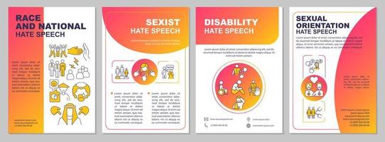 Hate speech causes brochure template. Sexism and ableism. Flyer, booklet, leaflet print, cover design with linear icons. Vector layouts for presentation, annual reports, advertisement pages