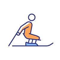 Alpine skiing RGB color icon. Winter season activity. Professional extreme sports. Athletes slide using mono skis. Disabled sportsman. Isolated vector illustration. Simple filled line drawing