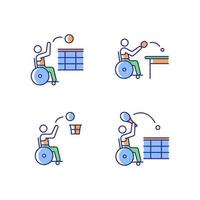 Adaptive wheelchair sports RGB color icons set. Professional ball game contests. Competitive team events. Disabled sportsman. Isolated vector illustrations. Simple filled line drawings collection
