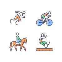 Adaptive sports RGB color icons set. Equestrian and athletic sports. Sportsman with prosthesis. Unique skills demonstration. Isolated vector illustrations. Simple filled line drawings collection