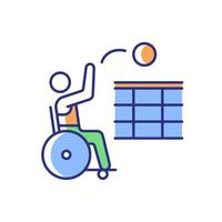 Wheelchair volleyball RGB color icon. Sitting athletes competition. Professional sport event. Team contest. Disabled sportsman. Isolated vector illustration. Simple filled line drawing