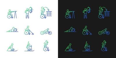 Athletes with disabilities gradient icons set for dark and light mode. People with disability. Thin line contour symbols bundle. Isolated vector outline illustrations collection on black and white