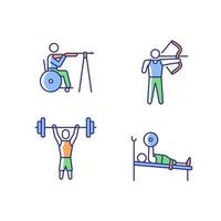 Single adaptive contests RGB color icons set. Athletic activities. Single sports. Sportsman with physical disability. Isolated vector illustrations. Simple filled line drawings collection