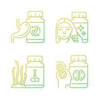 conjunto de iconos de vector lineal de gradiente de suplementos alimenticios. Productos para el tratamiento del cabello y las uñas. medicina para un mejor trabajo mental. paquete de símbolos de contorno de línea delgada. colección de ilustraciones de contorno aislado