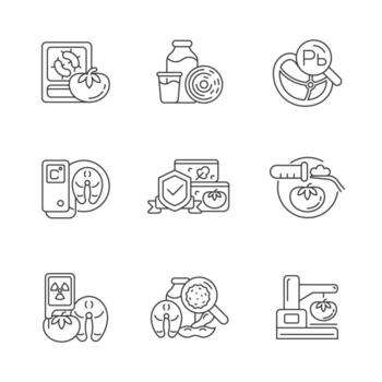 conjunto de iconos lineales de análisis de alimentos. Detección de peligros biológicos y químicos. variados métodos de examen. símbolos de contorno de línea fina personalizables. ilustraciones aisladas de contorno vectorial. trazo editable vector