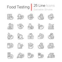 Food testing linear icons set. Examination methods. Nutrition scientific analysis. Laboratory research. Customizable thin line contour symbols. Isolated vector outline illustrations. Editable stroke