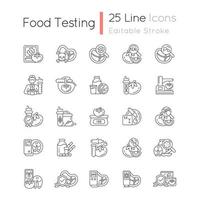 conjunto de iconos lineales de prueba de alimentos. métodos de examen. análisis científico de la nutrición. investigación de laboratorio símbolos de contorno de línea fina personalizables. ilustraciones aisladas de contorno vectorial. trazo editable vector