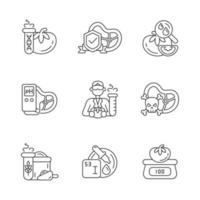 Organic products testing linear icons set. Physical properties analysis. Chemical additives detection. Customizable thin line contour symbols. Isolated vector outline illustrations. Editable stroke