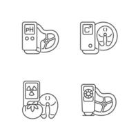 Food testing equipment linear icons set. Scientific technology for product analysis. Various detectors. Customizable thin line contour symbols. Isolated vector outline illustrations. Editable stroke