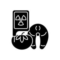 Radiation in food testing black glyph icon. Food irradiation technology. Determine product nuclear hazard. Radioactive nutrition. Silhouette symbol on white space. Vector isolated illustration