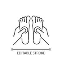 Reflexology linear icon. Applying pressure to feet. Therapeutic massage. Improve circulation. Thin line customizable illustration. Contour symbol. Vector isolated outline drawing. Editable stroke