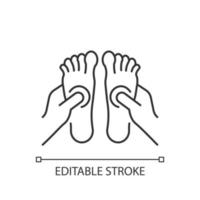 Reflexology linear icon. Applying pressure to feet. Therapeutic massage. Improve circulation. Thin line customizable illustration. Contour symbol. Vector isolated outline drawing. Editable stroke