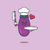 cute eggplant with chef hat holding knife and plate vector