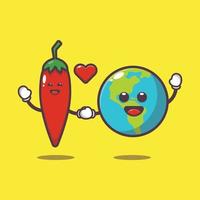 cute chilli and earth cartoon character illustration vector