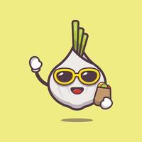 cute garlic cartoon character in sunglasses with shopping bag vector