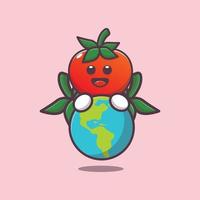 cute tomato cartoon character hugging earth vector