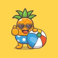 lindo personaje de mascota de dibujos animados de piña en gafas de sol sosteniendo pelota de playa vector