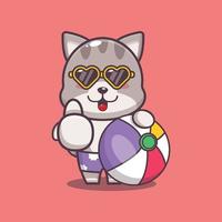 lindo personaje de mascota de dibujos animados de gato en gafas de sol con pelota de playa vector