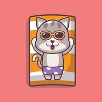 Cute cat cartoon mascot character in sunglasses sleep on beach vector