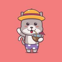 Cute cat cartoon mascot character drink coconut vector