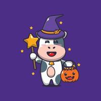 Cute cow with witch costume in halloween day vector