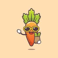 cute carrot cartoon character in sunglasses with shopping bag vector