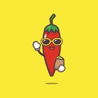 cute chilli cartoon character in sunglasses with shopping bag vector