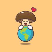 cute mushroom cartoon character hugging earth vector