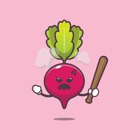 cute angry radish cartoon mascot character holding baseball stick vector