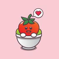 lindo personaje de dibujos animados de tomate en un tazón vector